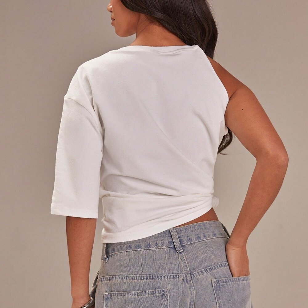 White Round Neck Women's Asymmetrical Knotted Sleeve Tee - Picture 5 of 5